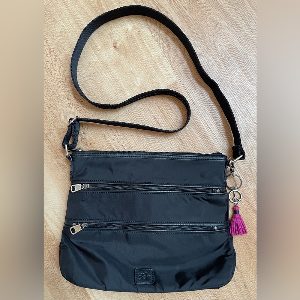 The Sak Esperato crossbody bag black eco twill nylon purse peace bag tag